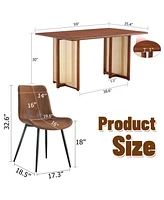 Walnut Dining Set: Wood Table, Rattan Legs, 4 Brown Tech-Fabric Chairs