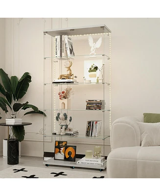 White Tempered Glass Cabinet w/ Led, Lock & Wheels