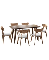 7 - Piece Dining Set,Mid-Century Walnut Finished Frame Upholstered Dining Chairs (Set of 6) (Light Beige) +Wood Dining Table (Brown)