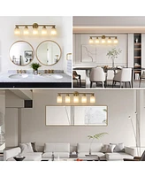 5-Light Golden Bathroom Vanity Light Fixture, Frosted Glass Shades, Modern Wall Mounted Lighting (No Bulbs)