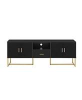 Modern Tv Stand for TVs up to 70", with Drawer, Cabinets, Metal Legs, Handles, and Safety Device