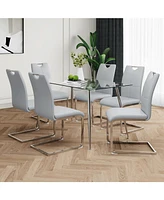 Modern Glass Dining Set with 7 Gray Pu Chairs