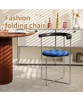 Modern Folding Dining Chair, Upholstered with Wood Back, Chrome Frame (Blue, 1 Pack)