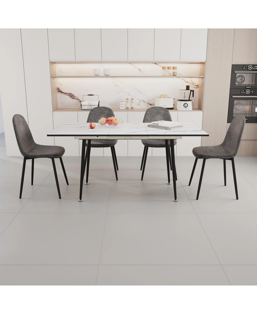 Modern 47"-63" Extendable Dining Table & Chair Set, 4-Piece, White Table, Gray Round Chairs