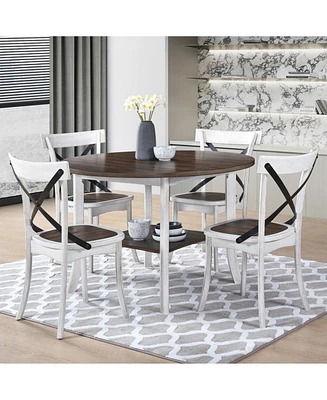 Elegant Round Dining Set with Antique White Base and Rich Walnut Top