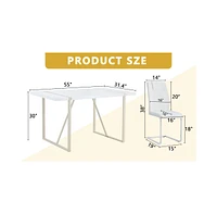 Cream-White Mdf Dining Table (55"x31") with 6 White Chairs & Silver Legs