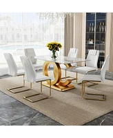 Luxury Tempered Glass Dining Set with 6 Pu Chairs (Arched Metal Gold Leg)