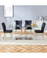 Modern Glass Dining Table with X-Shaped Legs and 4 Black Pu Chairs