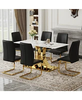 Luxurious Jade Sintered Stone Dining Table (63"x31.5") with X-Legs and 6 Black Pu Dining Chairs
