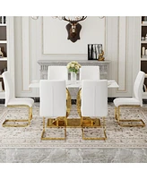 Jade Sintered Stone Dining Table with Golden X-Legs and 6 White Pu Dining Chairs