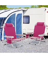 Foldable Backpack Beach Chair with Cup Holder and Storage Pockets Set of 2-Pink
