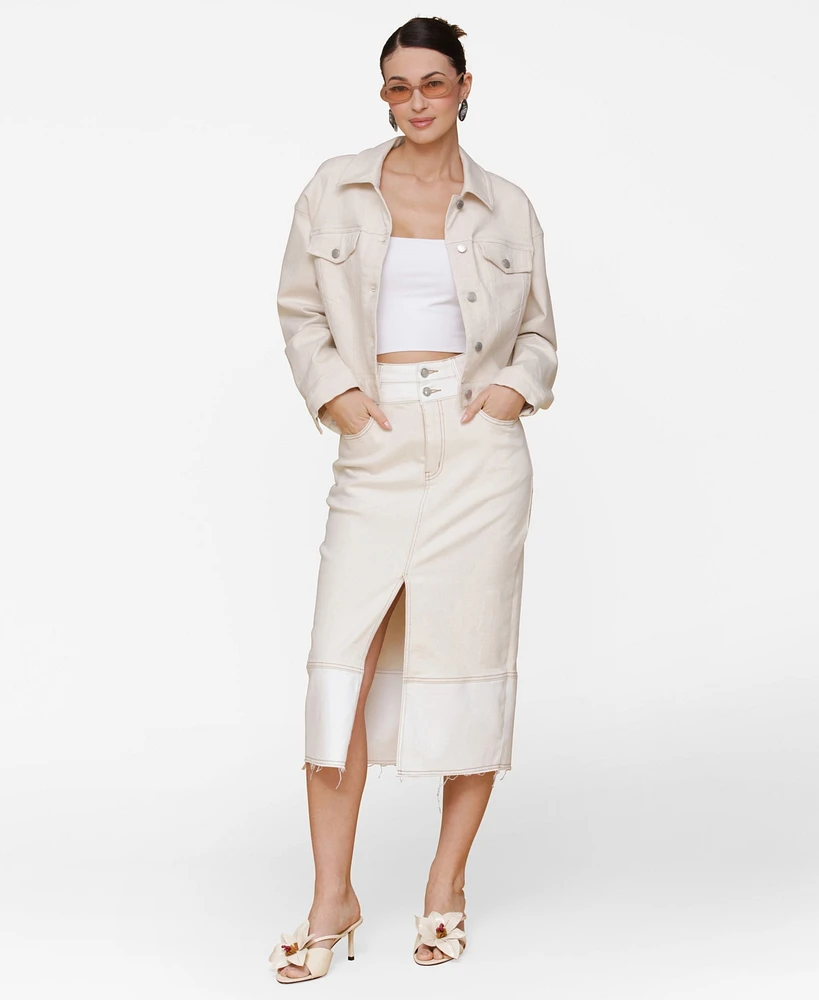Avec Les Filles Women's Raw Hem Denim Midi Skirt