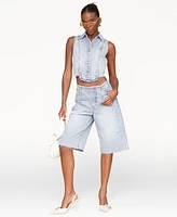 Avec Les Filles Women's Sleeveless Tuxedo Cotton Denim Shirt