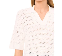 CeCe Women's Open-Knit Short-Sleeve Polo Sweater