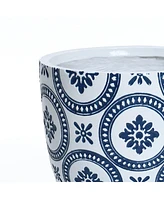 LuxenHome Blue and White Flower Pattern Round Tapered -Inch Tall Mgo Planter