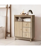 LuxenHome Natural Finish Wave-Patterned Manufactured Wood 3-Drawer 1-Door Bathroom Cabinet