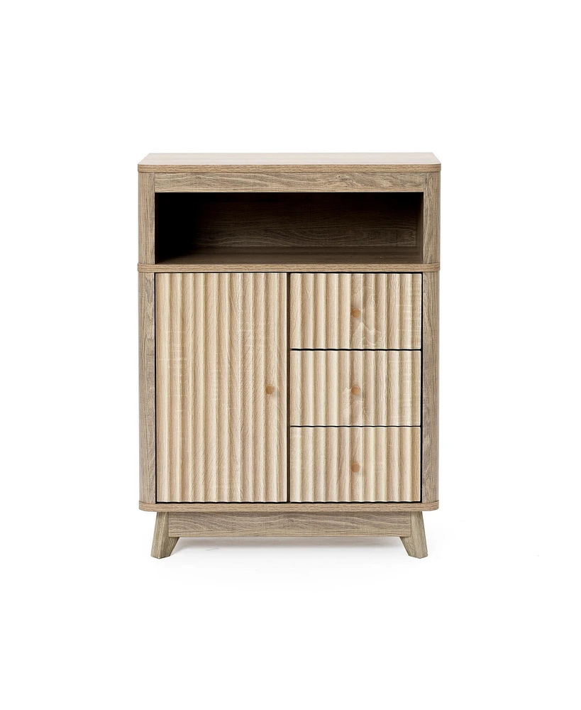 LuxenHome Natural Finish Wave-Patterned Manufactured Wood 3-Drawer 1-Door Bathroom Cabinet