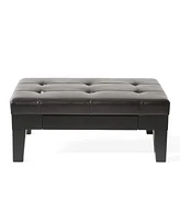 Elegant Storage Ottoman Brown Leather, Slide-Out Drawer, Hardwood Legs