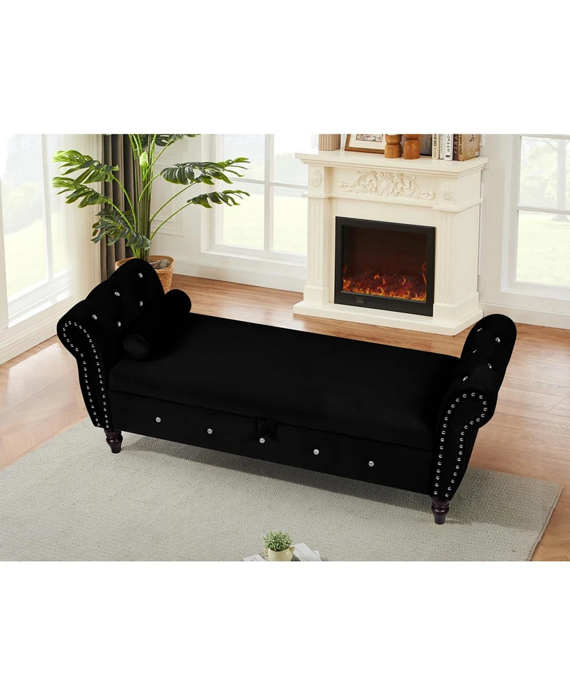 Velvet Storage Ottoman Bench with Crystal Buckle and Solid Wood Legs