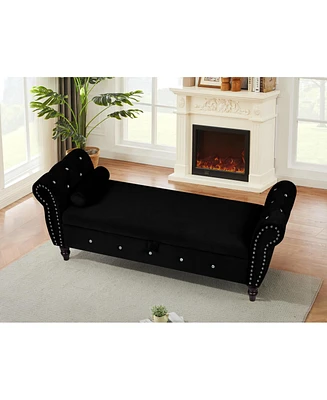 Velvet Storage Ottoman Bench with Crystal Buckle and Solid Wood Legs