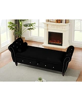 Velvet Storage Ottoman Bench with Crystal Buckle and Solid Wood Legs