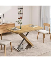 Retractable Dining Table, Wood Color, Seats 4-6, Cross Base