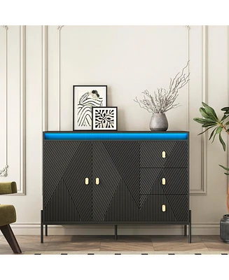 Buffets & Sideboards, Fluted Sideboard Cabinet, 2 Door 3 Drawer Design, with Led Lights,Acceent Black Sideboard