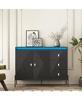 Buffets & Sideboards, Fluted Sideboard Cabinet, 2 Door 3 Drawer Design, with Led Lights,Acceent Black Sideboard