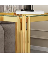 Top and Bottom Double Layer Tempered Glass End Table and Mirror Finished Stainless Steel Frame