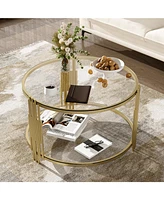 Modern Glass Coffee Table in 31.5", Asymmetrical Metal, Circular Metal Drum Base, Gold Finish & Lower Shelf