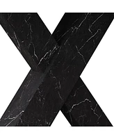 Modern Square Dining Table, Stretchable, Printed White Marble Table Top+Mdf Black X-Shape Table Leg with Metal Base