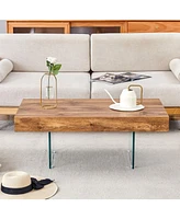 Natural Style Mdf Coffee Table - 39.3"x21.6" with Tempered Glass Legs.Density Board Sticker,Reinforced Glass