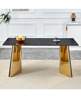 Black Marble-Patterned Dining Table with Golden Butterfly Legs (Heat-Resistant)