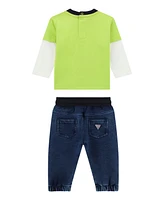 Guess Baby Boys 2-Piece Long Sleeve Two-Fer Shirt and Knit Denim Pants Set