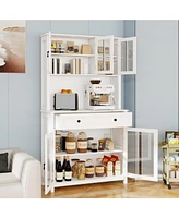 71" Pantry Cabinet w/ Microwave Counter, Adjustable Shelves - White