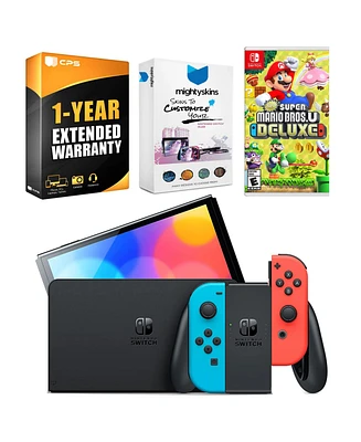 Nintendo Switch Neon Red & Blue Oled Console with New Super Mario Bros. U Deluxe, MightySkins Console and Controller Skin Voucher, and 1 Year Cps Exte