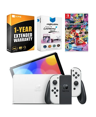 Nintendo Switch White Oled Console with Mario Kart 8 Deluxe, MightySkins Console and Controller Skin Voucher