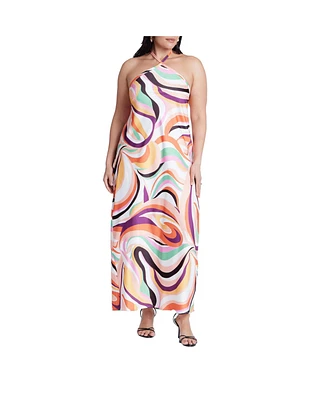 Eloquii Plus Tie Neck Printed Maxi Dress