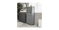 4 Door Freestanding Bathroom Floor Storage Cabinet with 2 Drawers and Glass Doors