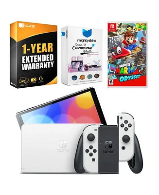 Nintendo Switch White Oled Console with Super Mario Odyssey, MightySkins Console and Controller Skin Voucher, and 1 Year Cps Extended Warranty