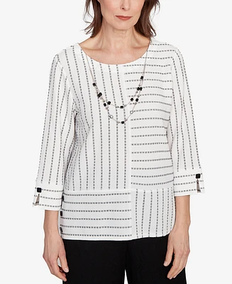 Alfred Dunner Petite Santa Barbara Splice Textured Stripe Crew Neck Top with Necklace