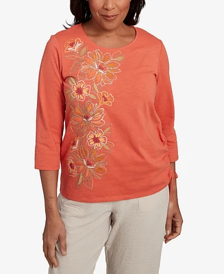 Alfred Dunner Petite Copper Canyon Asymmetric Floral Embroidered Tie Ruching Top