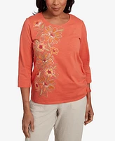 Alfred Dunner Petite Copper Canyon Asymmetric Floral Embroidered Tie Ruching Top