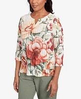 Alfred Dunner Petite Copper Canyon Dramatic Floral Split Beaded Top