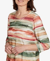 Alfred Dunner Petite Copper Canyon Watercolor Stripe Crew Neck Top