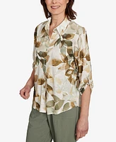 Alfred Dunner Petite Copper Canyon Knit Leaf Button Front Collared Top