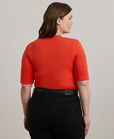 Lauren Ralph Plus Stretch Cotton Elbow-Sleeve V-Neck Tee