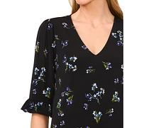 CeCe Women's Printed V-Neck 3/4-Ruffle-Sleeve Top
