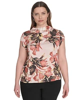 Calvin Klein Plus Printed Mock-Neck Cap-Sleeve Top