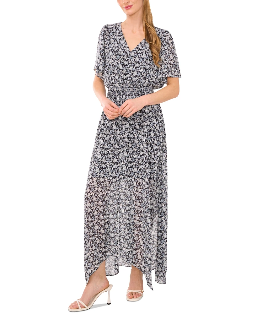 CeCe Women's V-Neck Smocked-Waist Floral-Print Maxi Dress